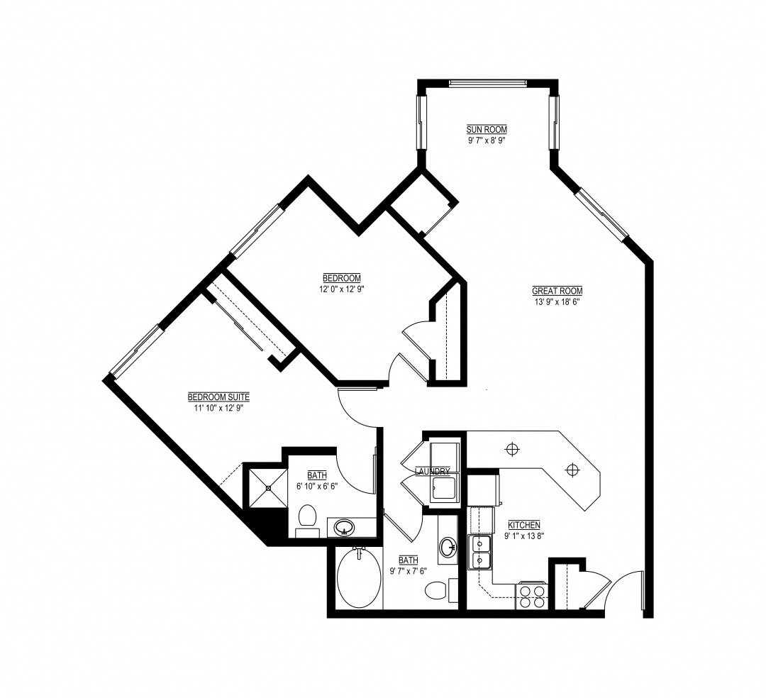 Floor plan for 2 beds, 2 baths, 1103 sqft